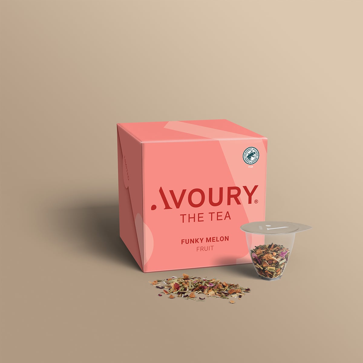 Avoury Funky Melon Teeverpackung mit Kapsel in 3D-Ansicht